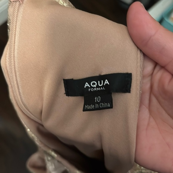 Aqua Formal Floral Print Foil Halter Gown Metallic Gold Beige size 10 - Picture 6 of 16